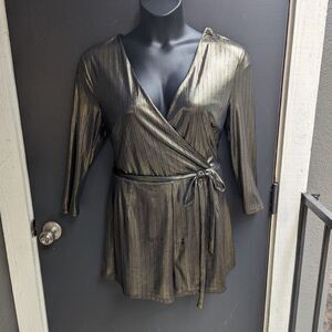 New Look Womens Plus Metallic Playsuit Jumpsuit Gold 14TALL 3/4 Sleeve Disco